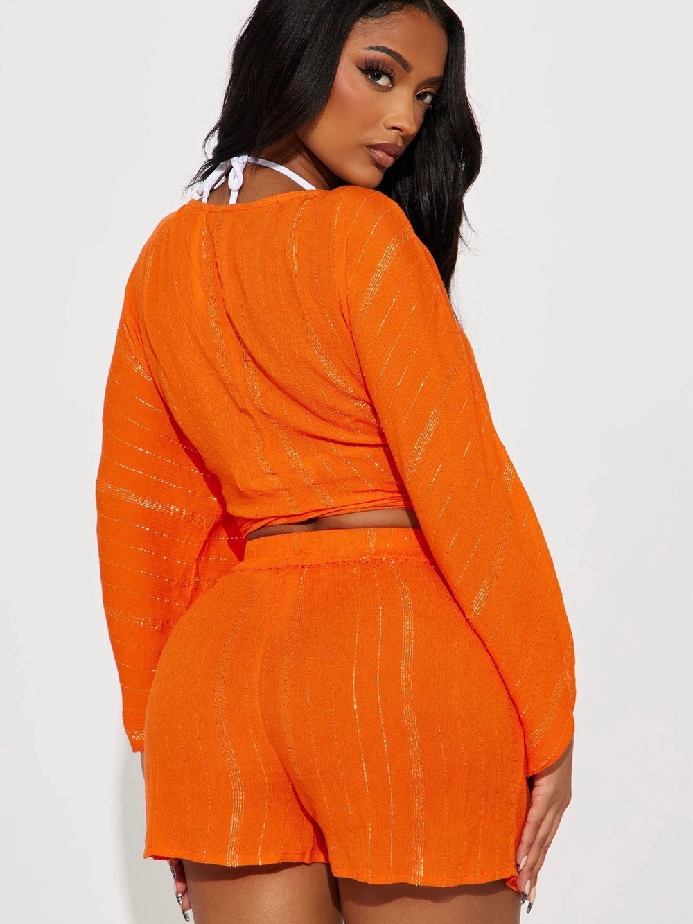 Fashion Nova Two Piece Orange Wrap Top and Shorts - Picture 3 of 3